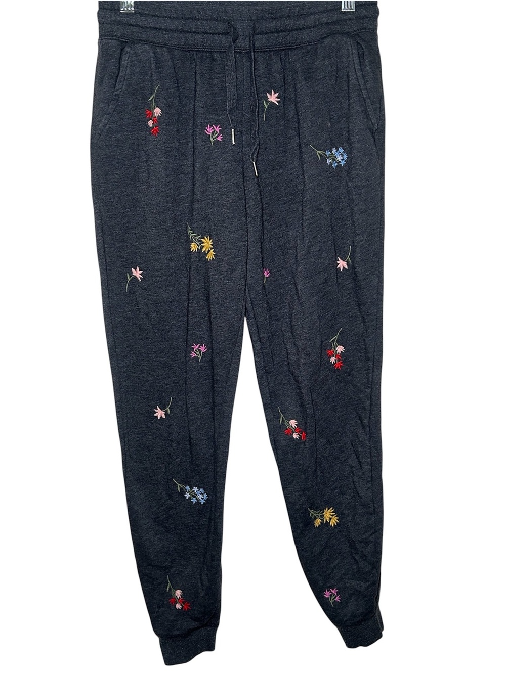 Old Navy Womens Floral Embroidered Charcoal Jogger Pants Warm Comfort Girly Smal